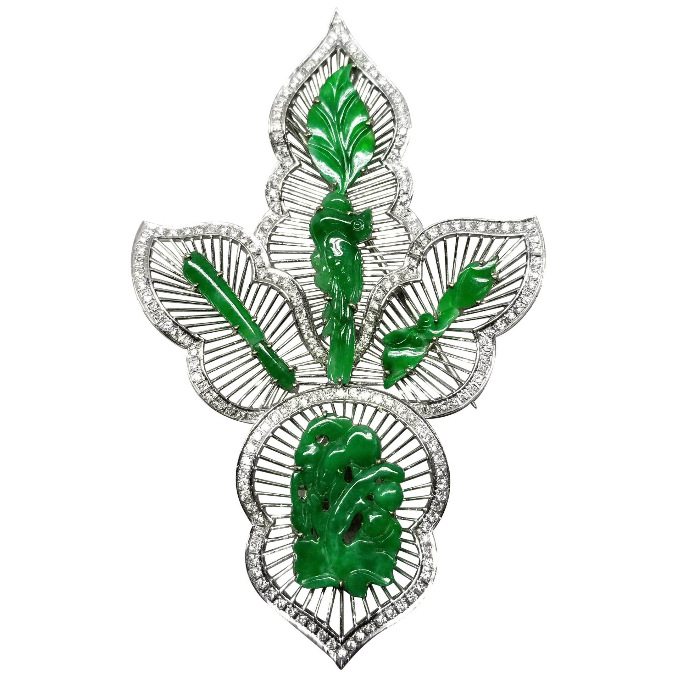 14 Karat White Gold Jade and Diamond Pin/Pendant For Sale