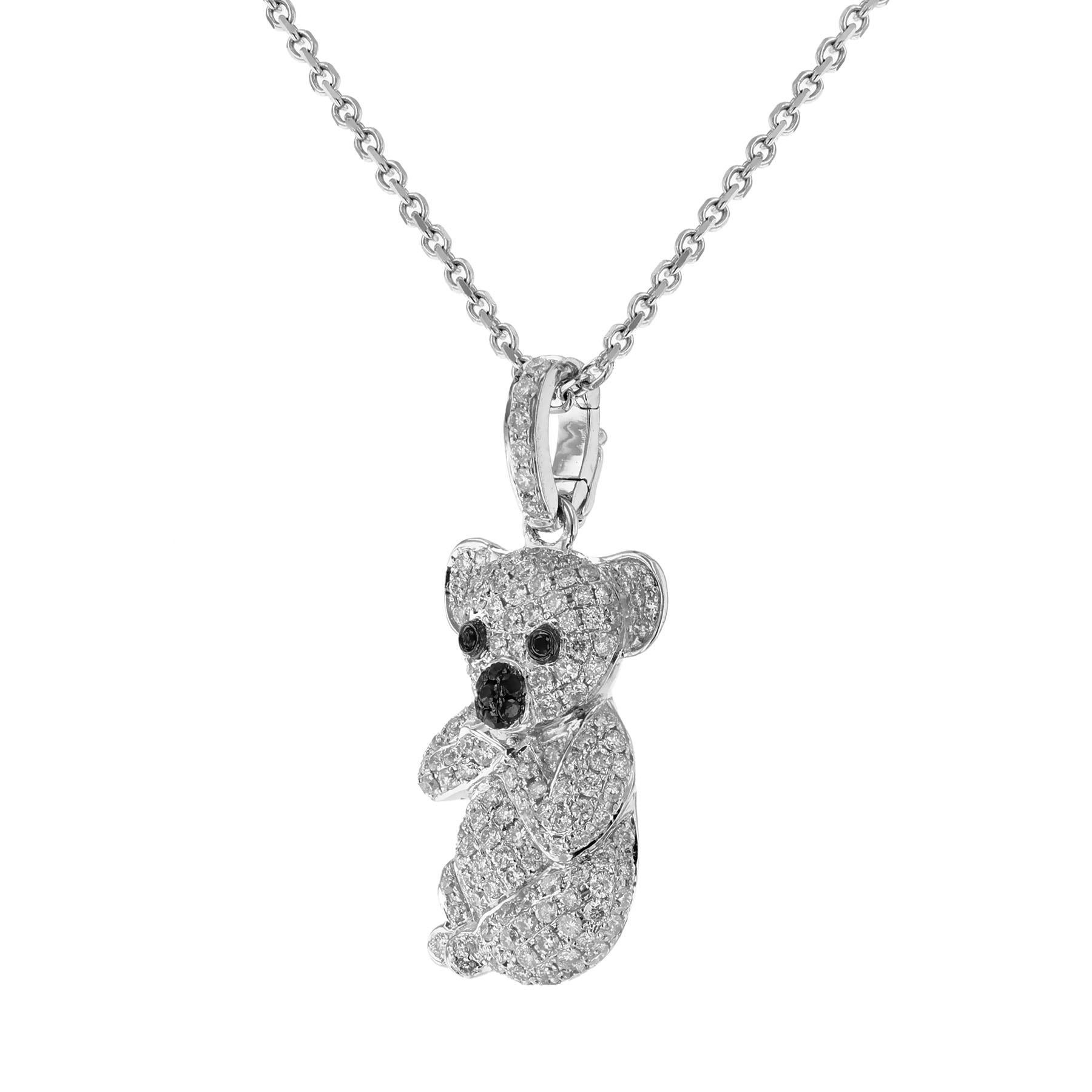 This pendant necklace is made in 14 Karat White Gold. It features koala bear encrusted pendant of 162 round cut diamonds weighing 0.89 carats. The necklace has a color grade H and clarity grades  I1 and SI2. 
