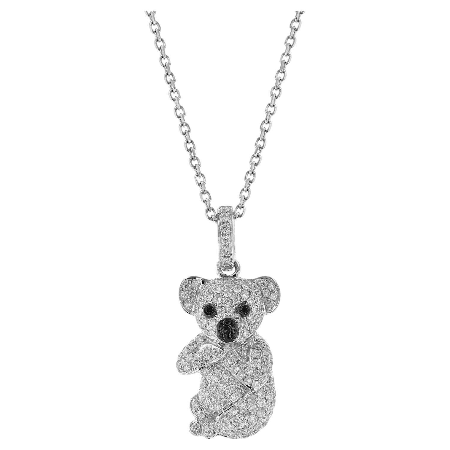 14 Karat White Gold Koala Bear 0.89 Carat Diamond Pendant Necklace For Sale