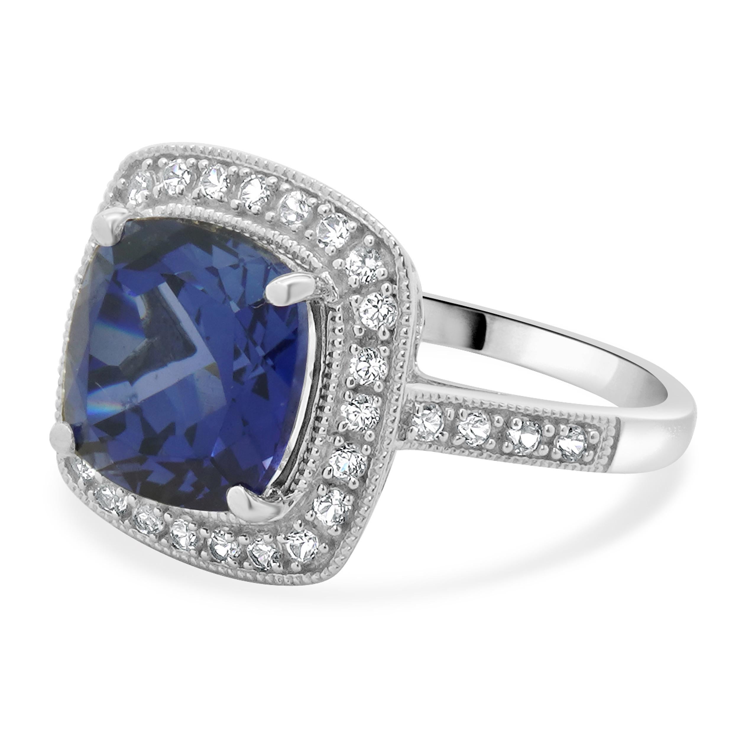 Material: 14K white gold
Sapphire: 1 cushion cut = 4.45ct
Lab Grown
White Topaz: round cut = 0.35cttw
Ring Size: 5 (please allow up to 2 additional business days for sizing requests)
Dimensions: ring top measures 8.20mm wide
Weight: 3.53 grams