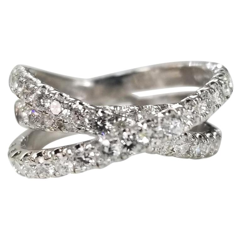 14 Karat White Gold Ladies Diamond 3-Row Cross-Over Ring For Sale