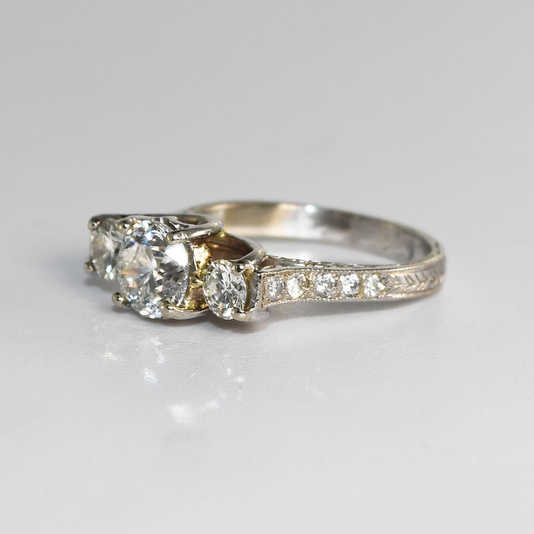 14 Karat White Gold Ladies Three-Stone Diamond Ring with Accents, 1.46 Tdw For Sale 2