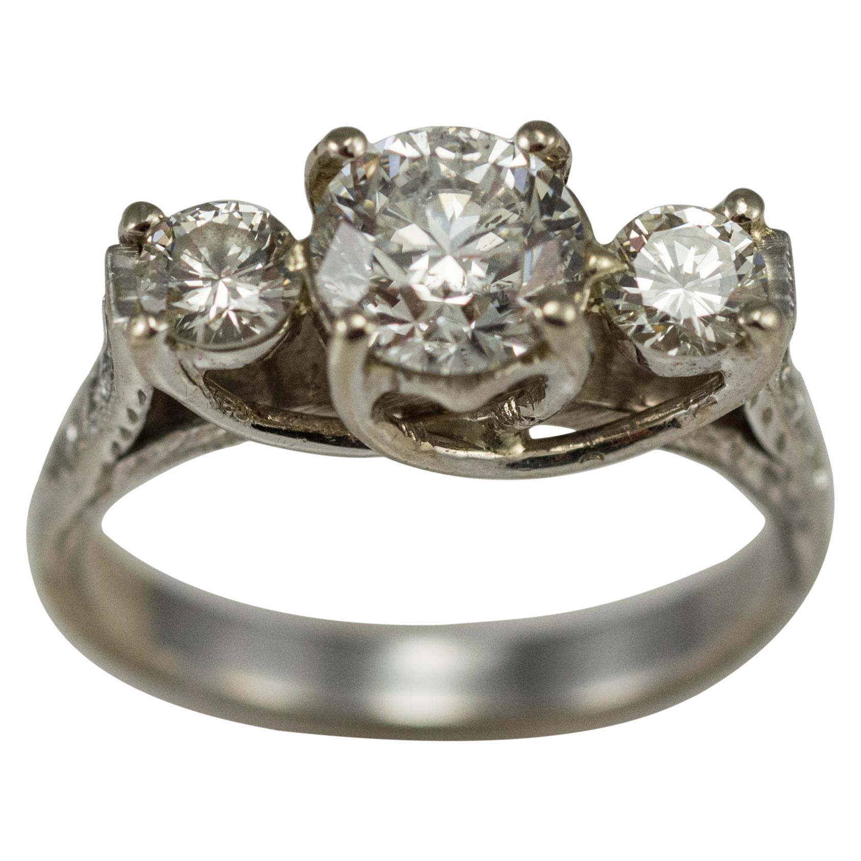 14 Karat White Gold Ladies Three-Stone Diamond Ring with Accents, 1.46 Tdw For Sale