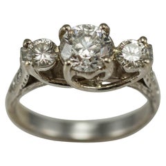 Antique 14 Karat White Gold Ladies Three-Stone Diamond Ring with Accents, 1.46 Tdw