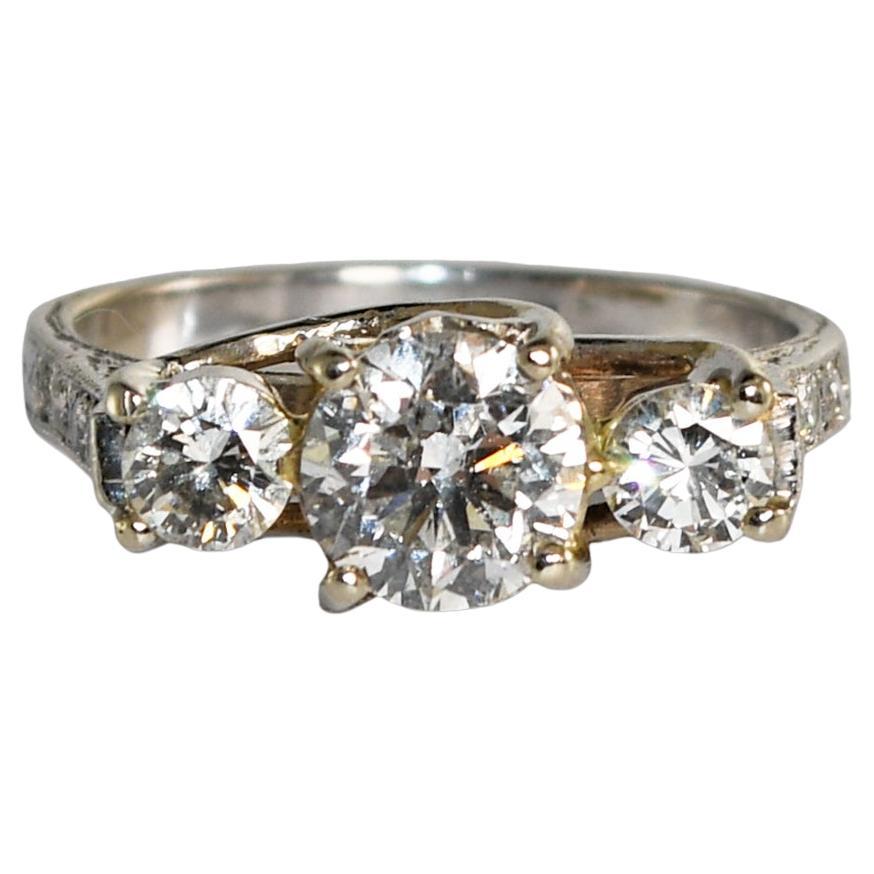 14 Karat White Gold Ladies Three-Stone Diamond Ring with Accents, 1.46 Tdw For Sale