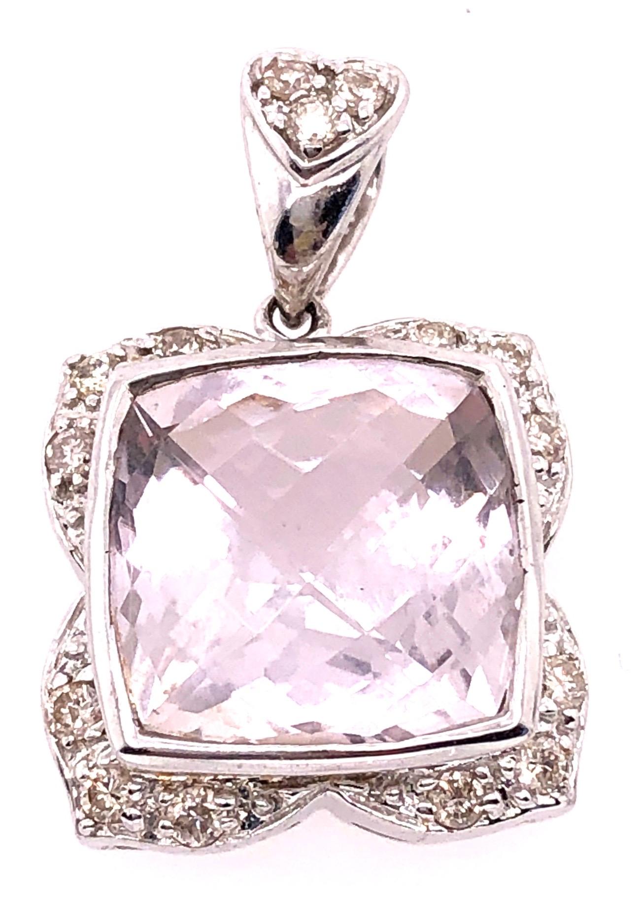 14 Karat White Gold Large Alex Cushion Cut Quartz Pendant with Diamond Accents In Good Condition For Sale In Stamford, CT