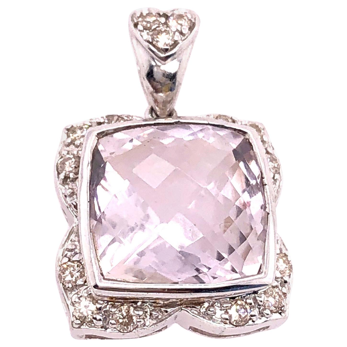 14 Karat White Gold Large Alex Cushion Cut Quartz Pendant with Diamond Accents For Sale