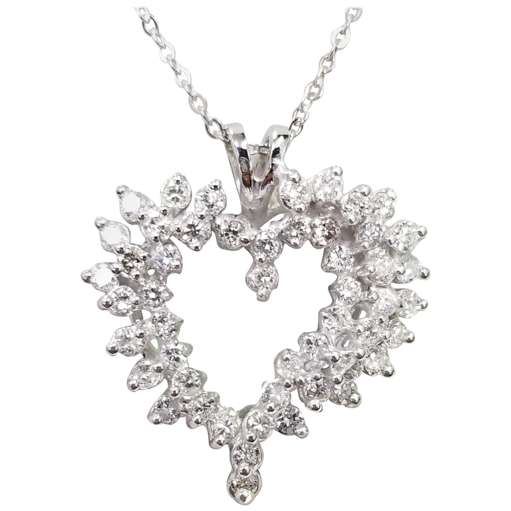 14 Karat White Gold Large Diamond Heart Pendant For Sale