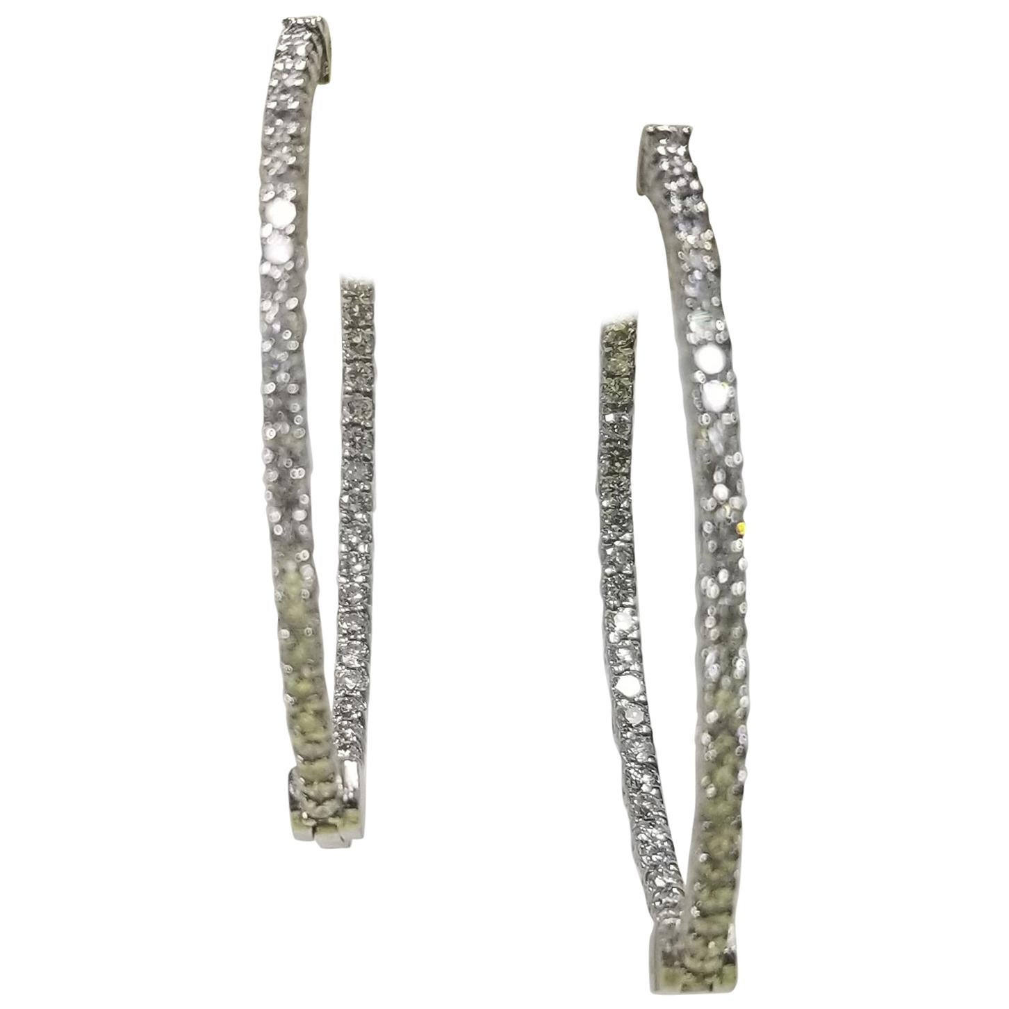 14 Karat White Gold Large Diamond Hoop Earrings 1.50 Carat For Sale