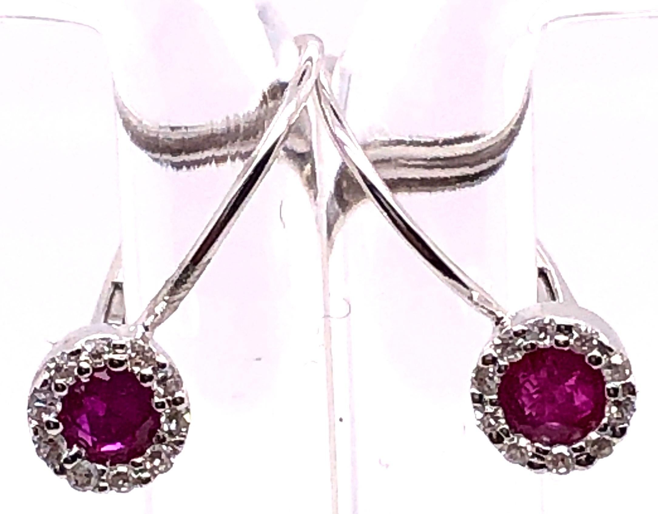 Round Cut 14 Karat White Gold Latch Back Ruby Drop Earrings with Diamond Accents For Sale
