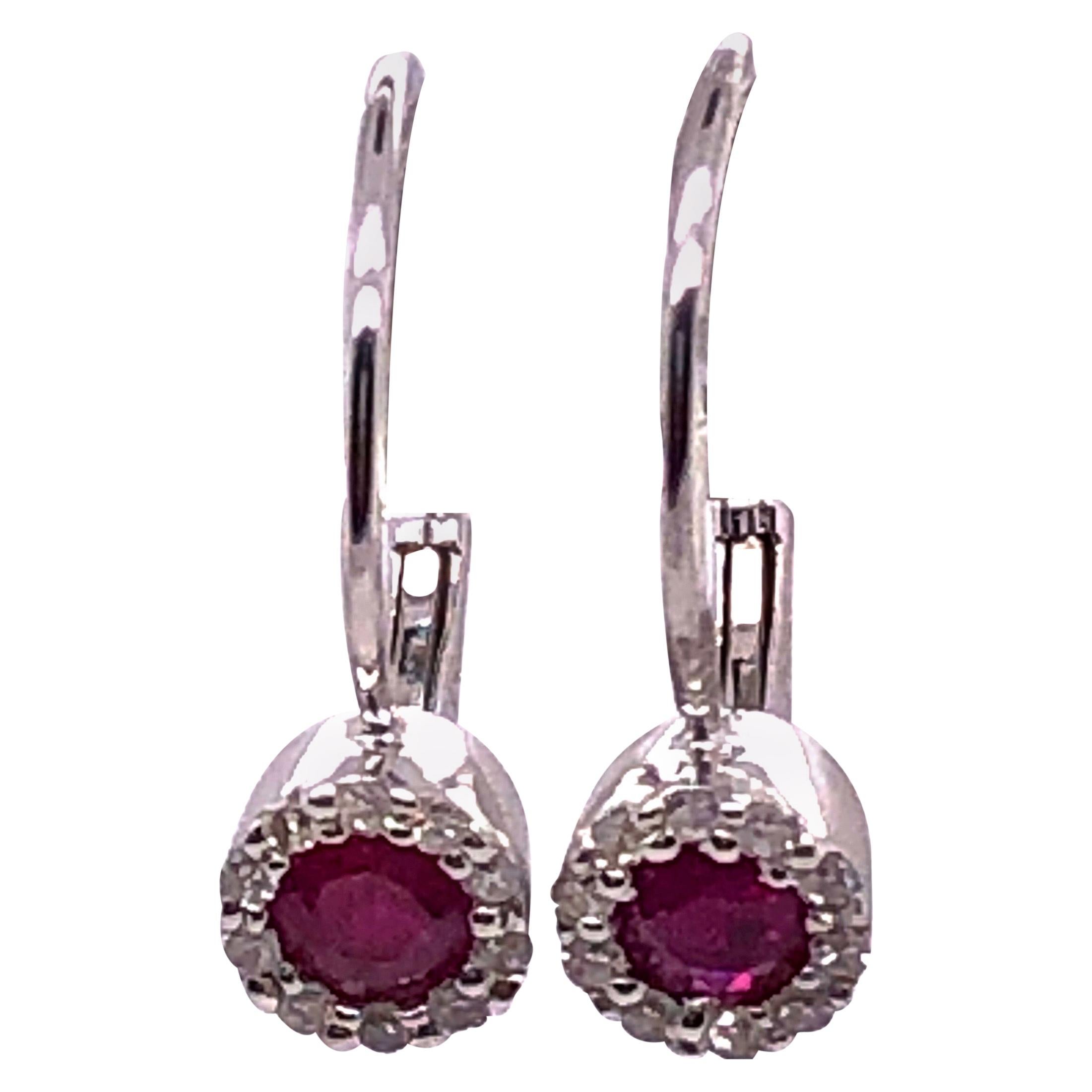 14 Karat White Gold Latch Back Ruby Drop Earrings with Diamond Accents For Sale
