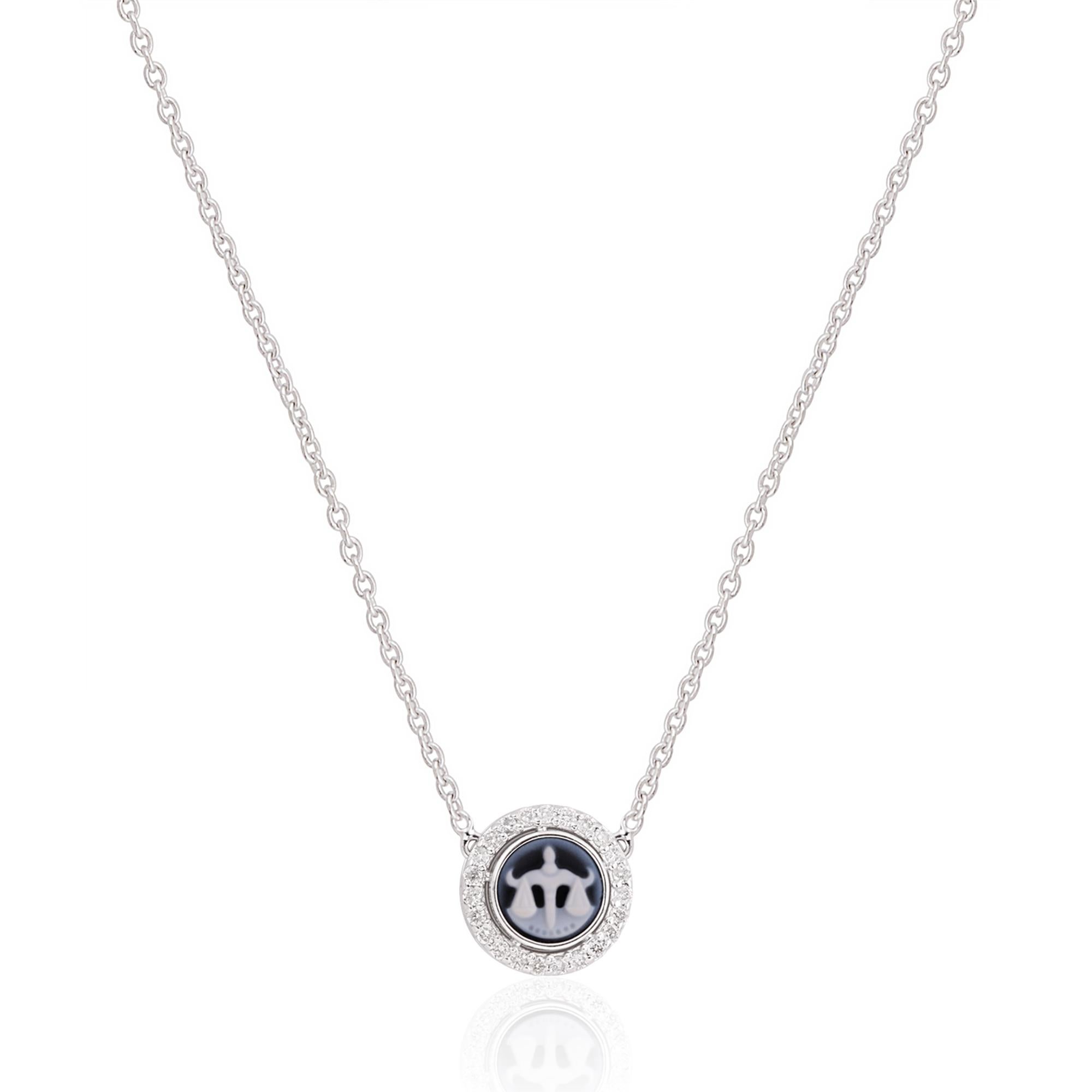 Celebrate your astrological identity with this exquisite Libra zodiac sign charm necklace. With its diamond pave, 14-karat white gold craftsmanship, and intricate design, it is a stunning representation of your Libra pride and celestial