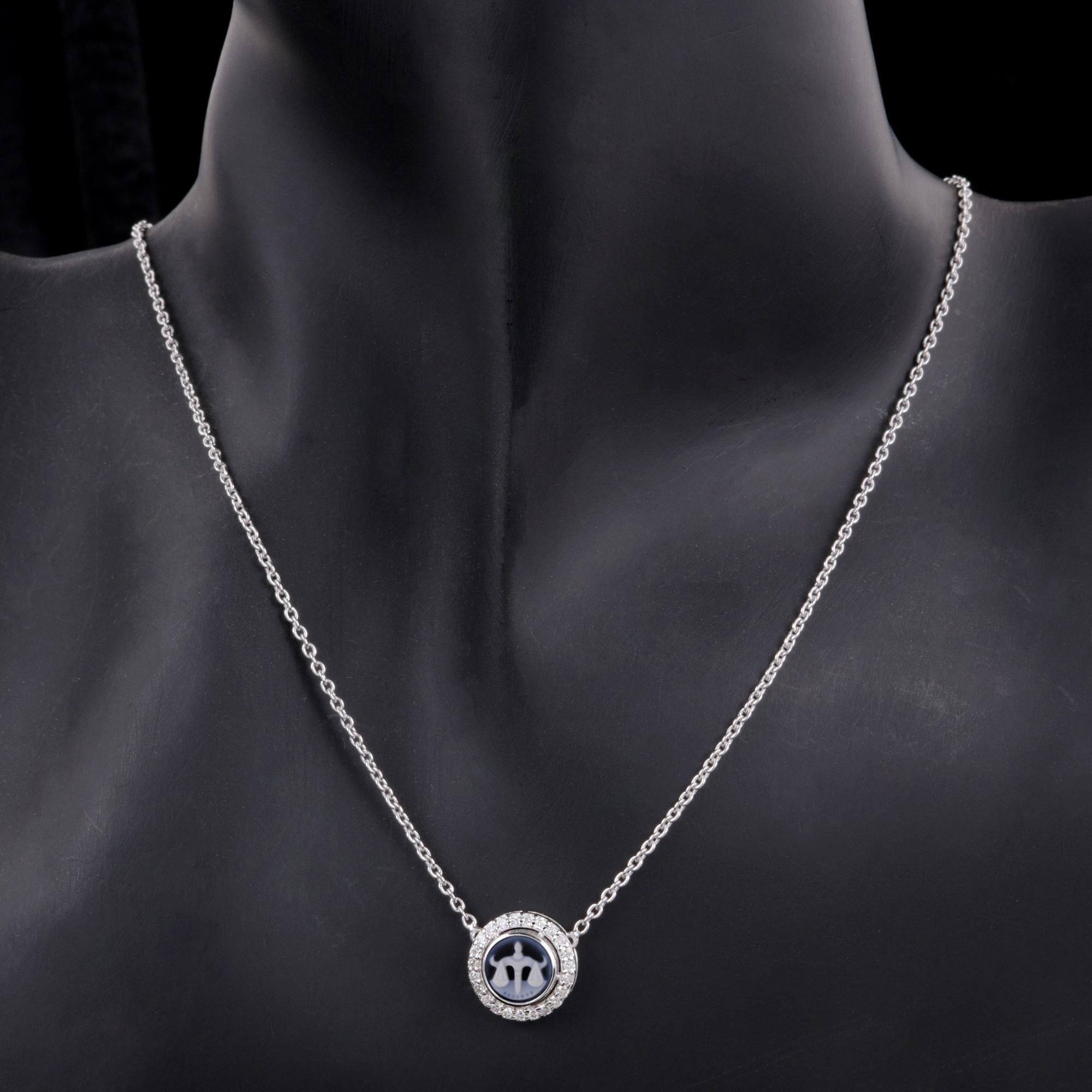 Modern 14 Karat White Gold Libra Zodiac Sign Charm Necklace Diamond Pave Fine Jewelry For Sale