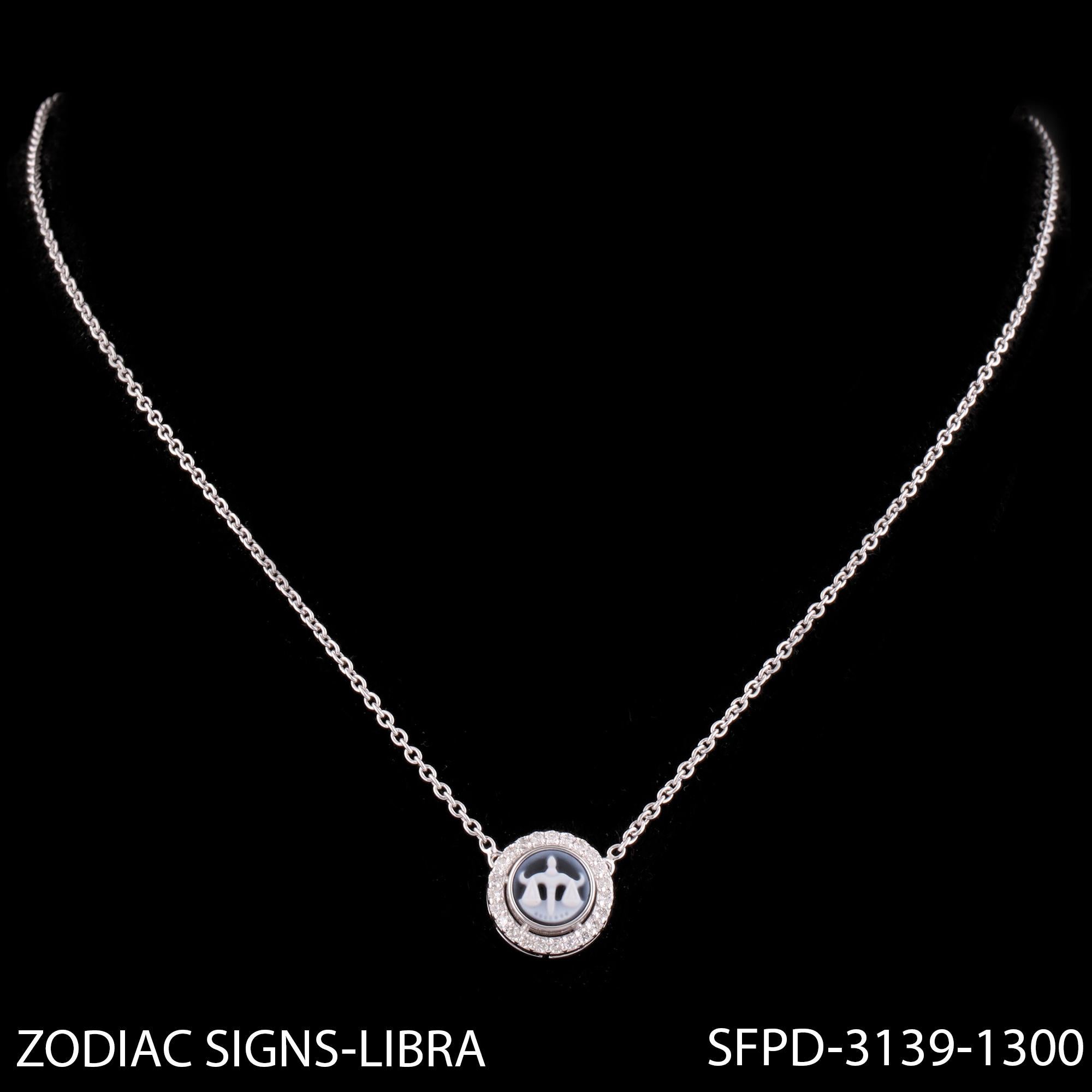 Women's 14 Karat White Gold Libra Zodiac Sign Charm Necklace Diamond Pave Fine Jewelry For Sale