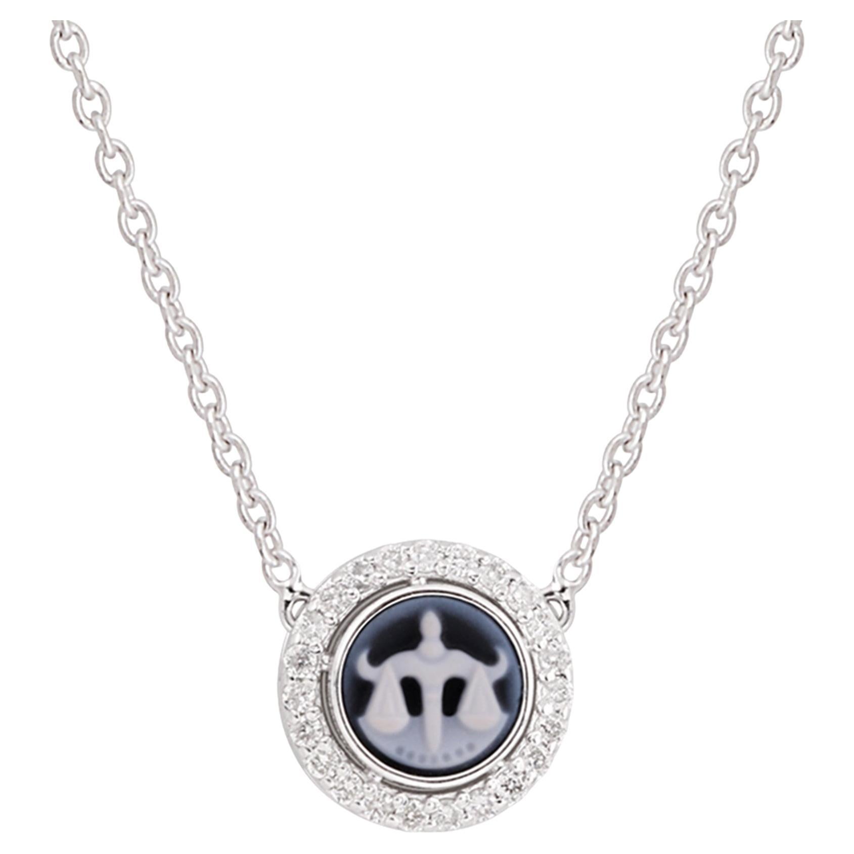 14 Karat White Gold Libra Zodiac Sign Charm Necklace Diamond Pave Fine Jewelry For Sale