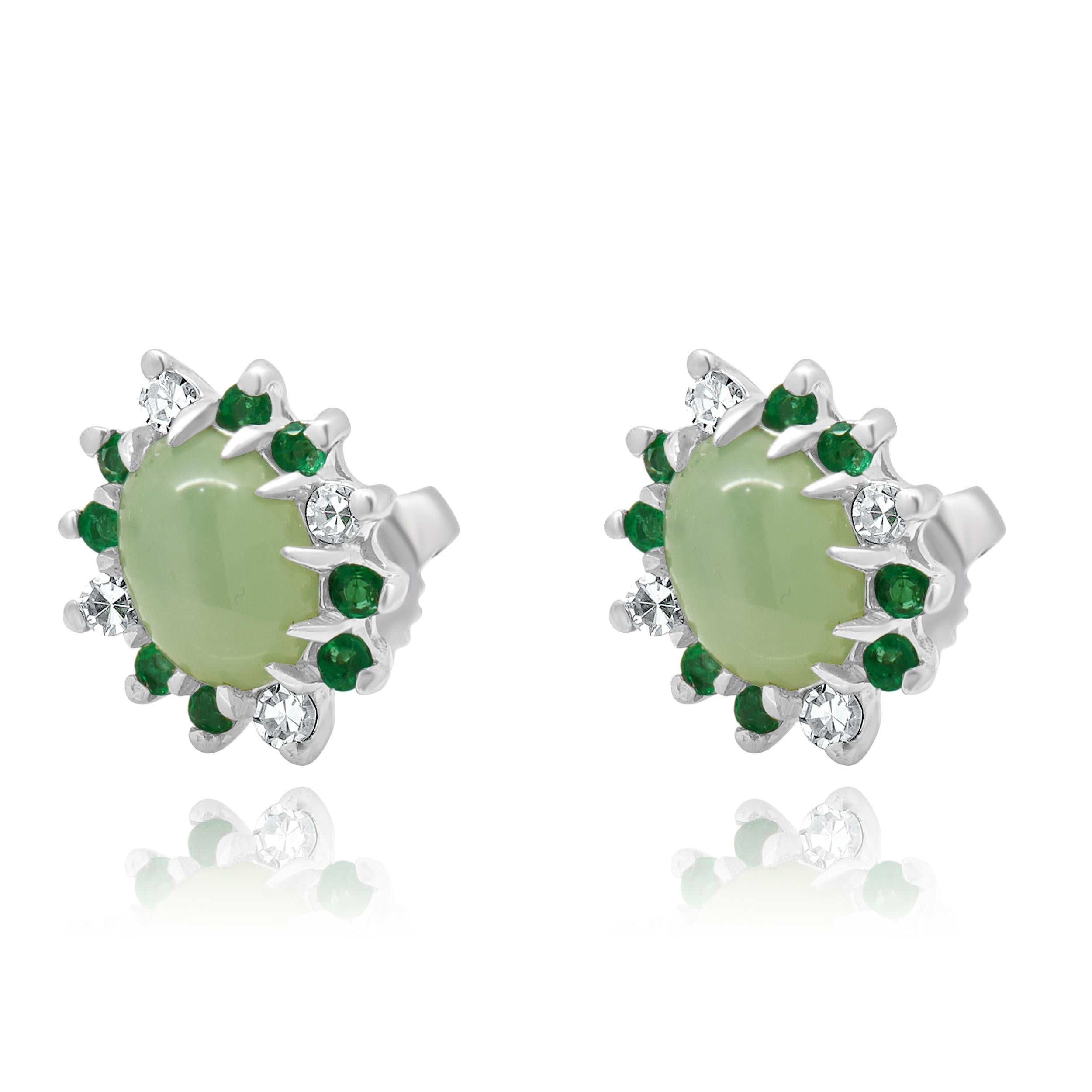 14 Karat White Gold Linde Star Sapphire, Emerald, and Diamond Stud Earrings For Sale