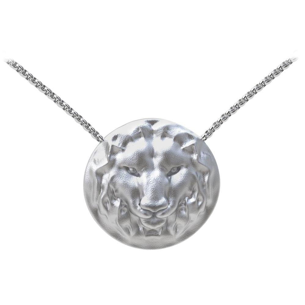 14 Karat White Gold Womens 18 " Chain Leo Lion Pendant Necklace  For Sale