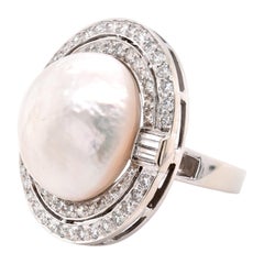 14 Karat White Gold Mabe Pearl and Diamond Cocktail Ring