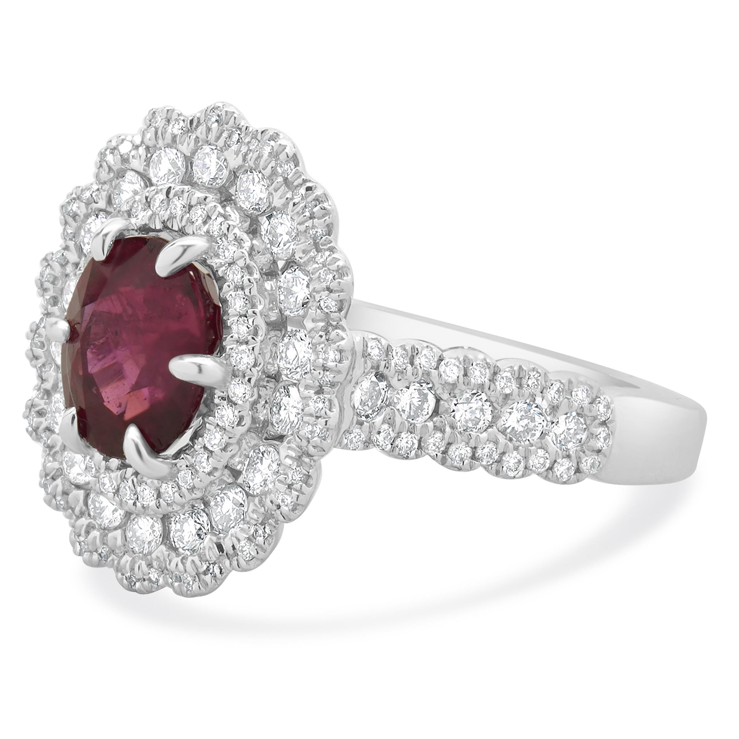 Designer: custom
Material: 14K white gold
Diamond: round brilliant cut = 0.94cttw
Color: G 
 Clarity: VS2
Ruby: 1 oval cut = 2.22ct
GIA: 5234356261
Ring Size: 6.5 (please allow two extra shipping days for sizing requests) 
Weight: 6.27 grams
