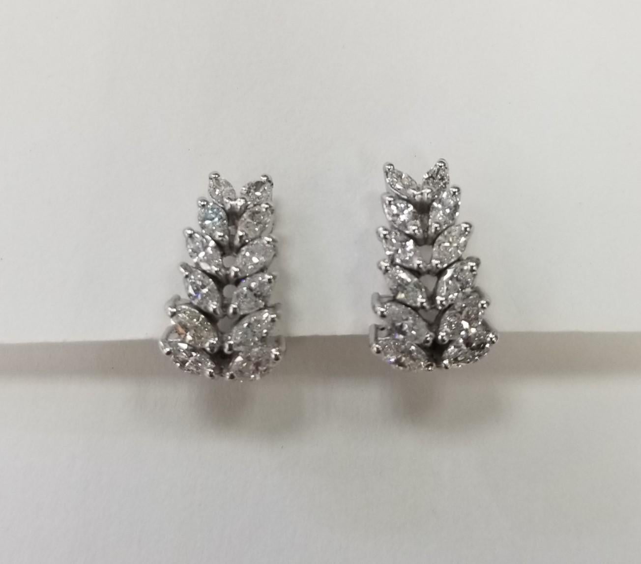 Women's or Men's 14 Karat White Gold Marquise Cut Diamond Hoop Earrings 2.00 For Sale