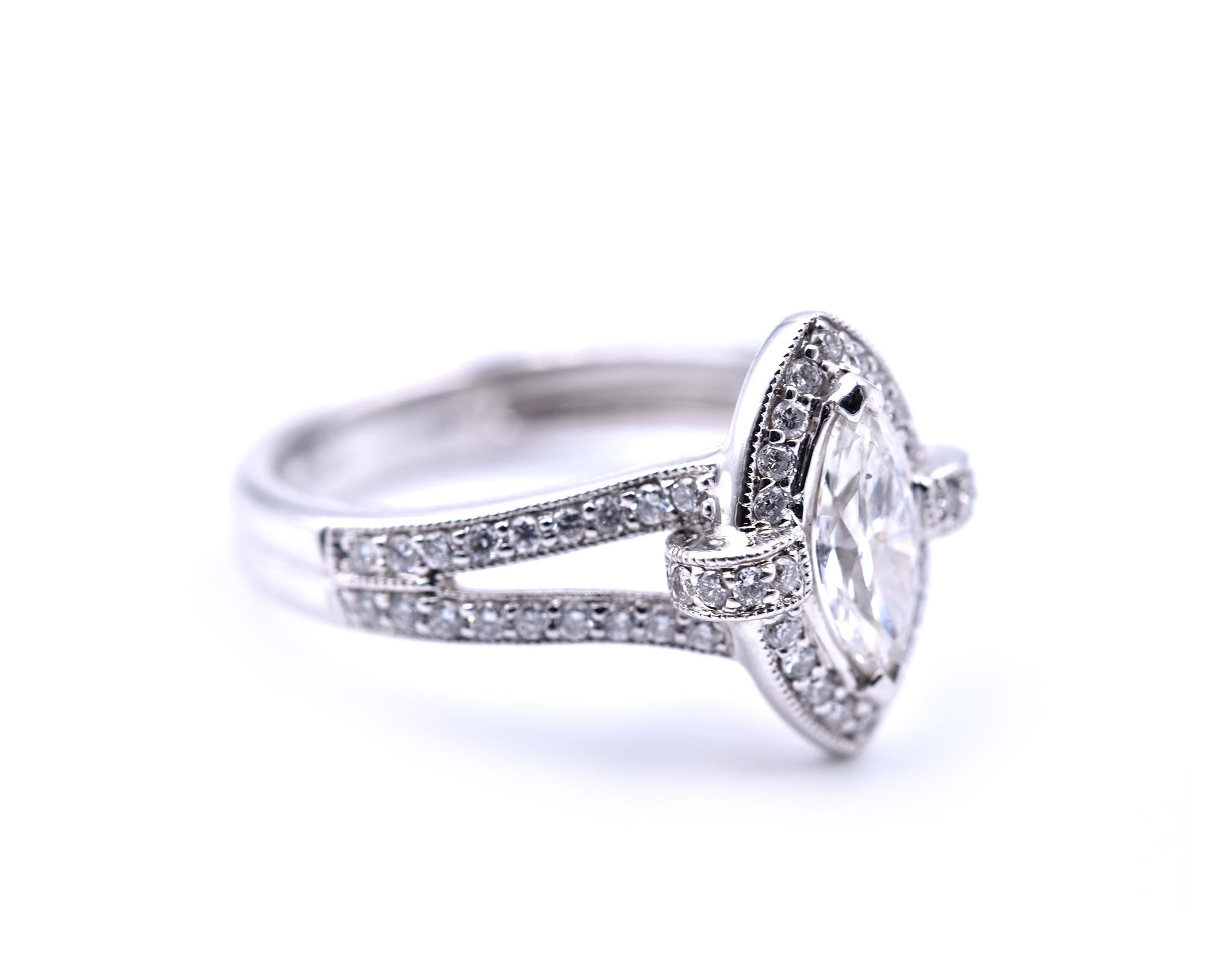 Designer: Venetti
Material: 14k white gold
Center Diamond: .50ct
Color: I
Clarity: SI2
Diamonds: 64 round brilliant cut = .42cttw
Color: G/H
Clarity: SI1
Ring Size: 6.5 (please allow two additional shipping days for sizing requests)
Dimensions: ring