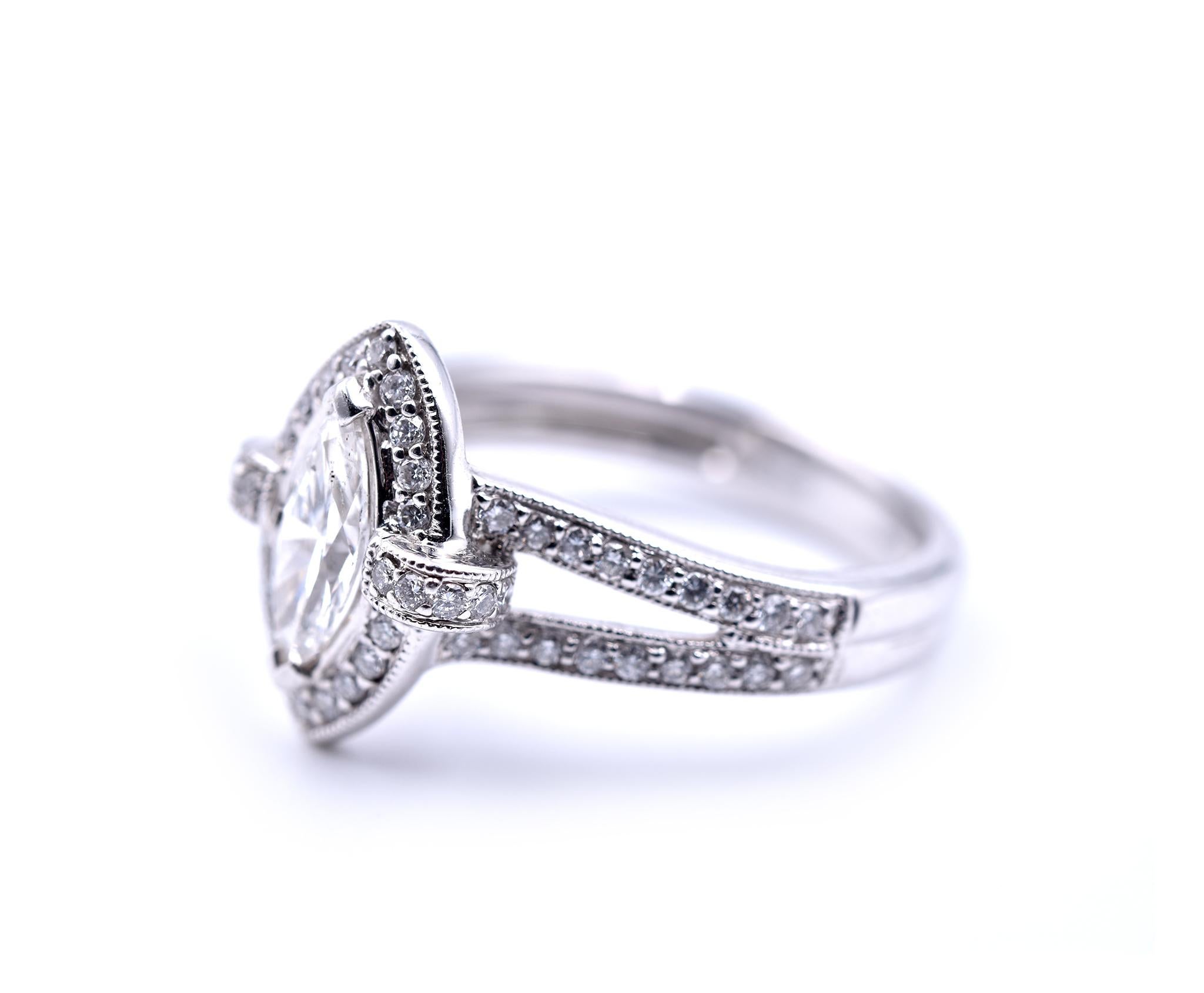 Round Cut 14 Karat White Gold Marquise Diamond Engagement Ring