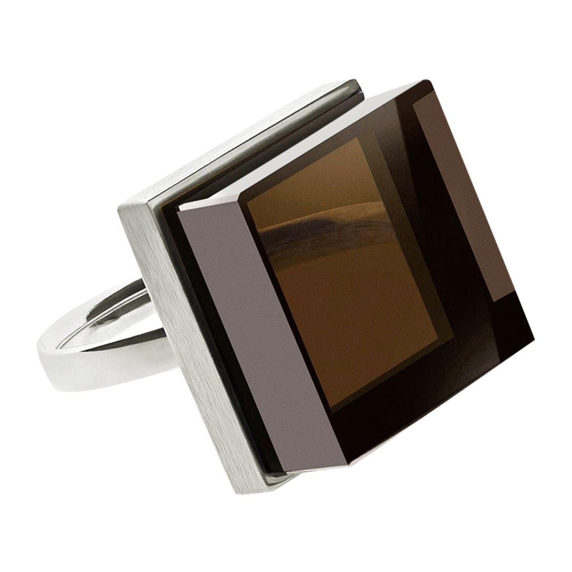 14 Karat White Gold Men Art Deco Style Ink Ring with Smoky Quartz by the Artist For Sale