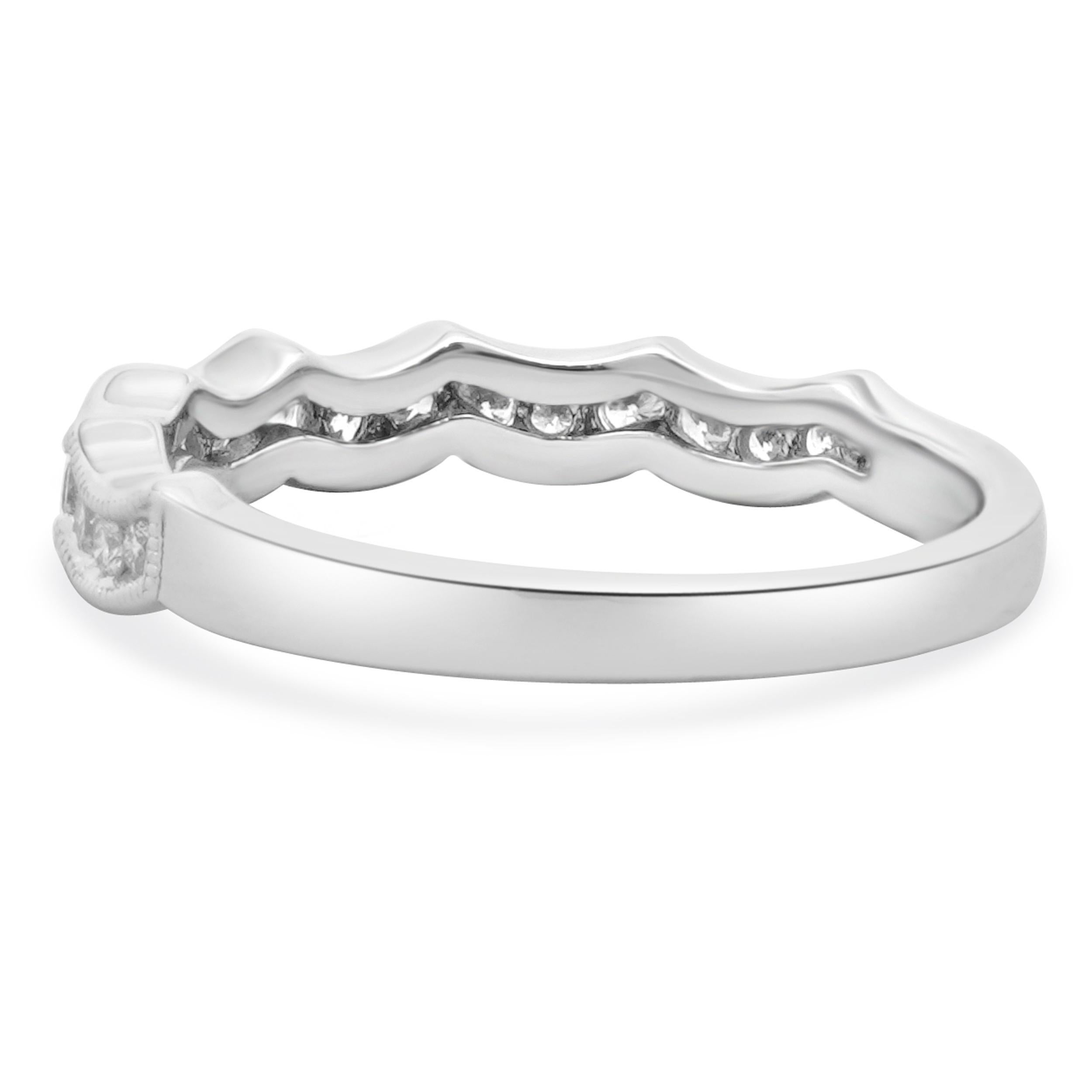 Round Cut 14 Karat White Gold Milgrain Scalloped Diamond Band For Sale