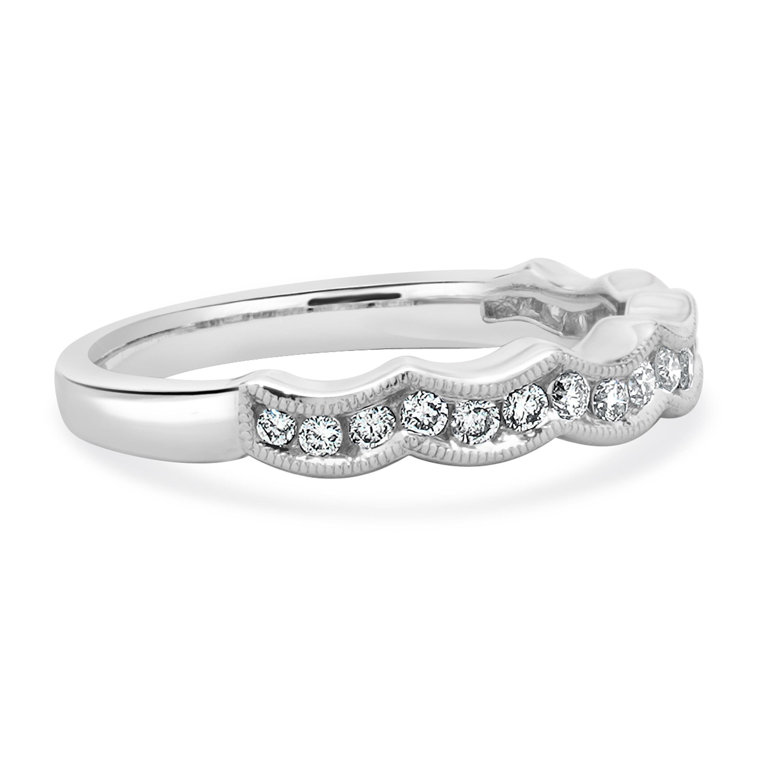 14 Karat White Gold Milgrain Scalloped Diamond Band In Excellent Condition For Sale In Scottsdale, AZ