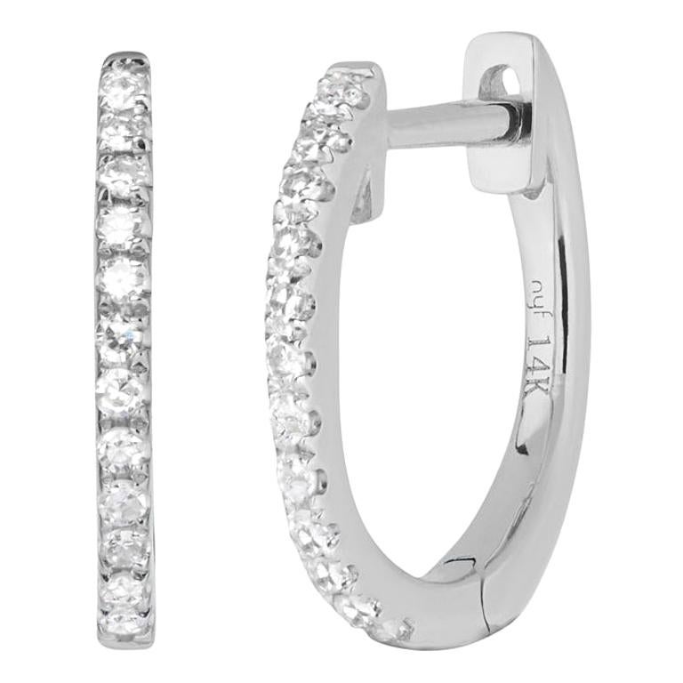 14 Karat White Gold Mini 0.06 Carat Round Diamond Hoop Earrings For Sale