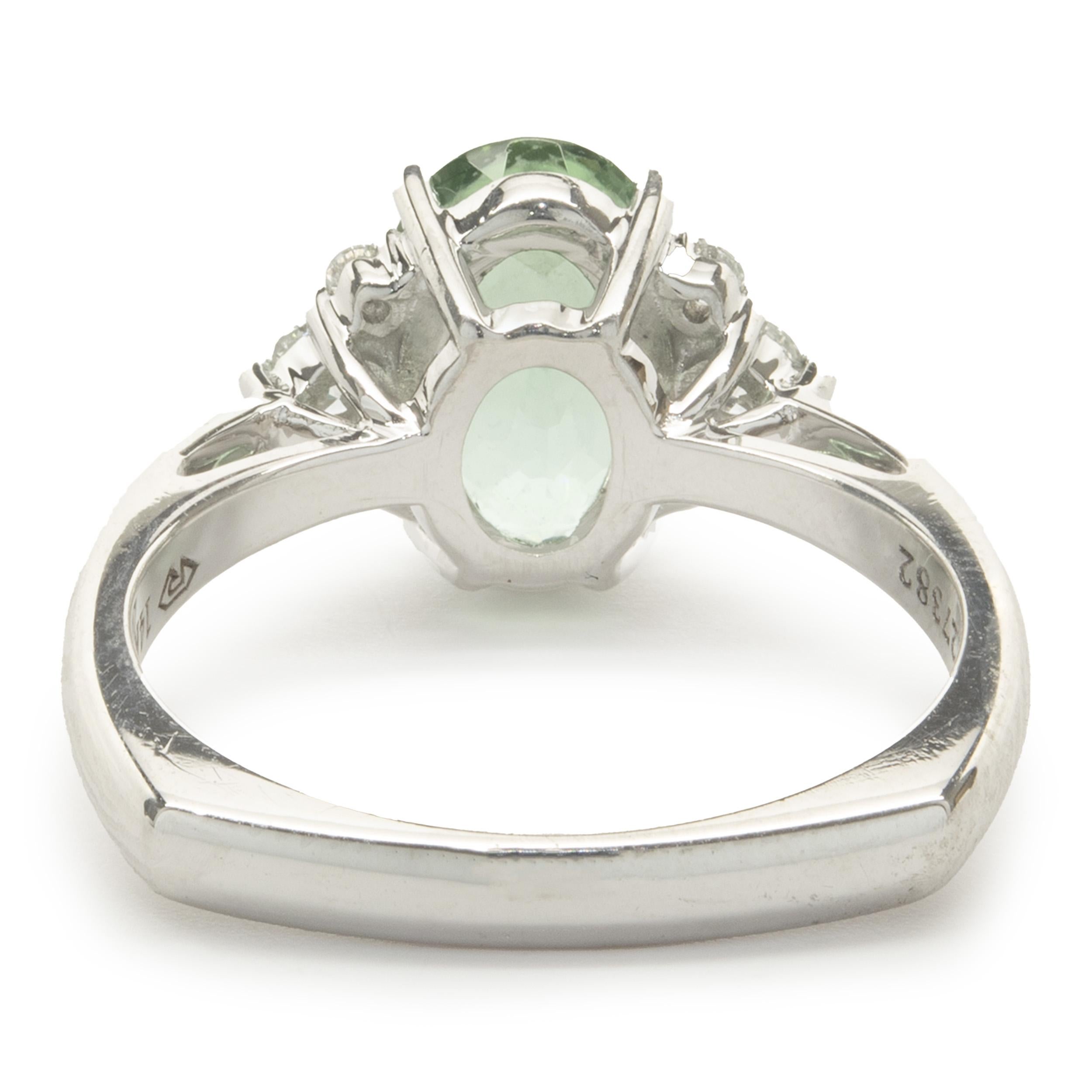 Oval Cut 14 Karat White Gold Mint Green Tourmaline and Diamond Ring For Sale