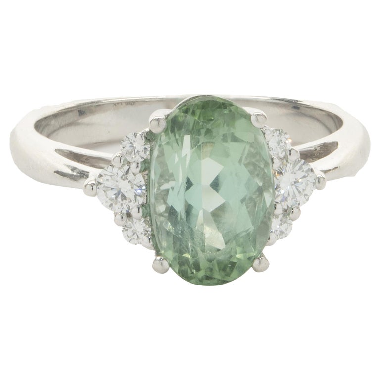 6.16 Carat Genuine Green Tourmaline and White Diamond 14K White Gold Ring