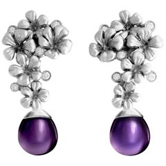 White Gold Modern Style Drop Earrings with Ten Diamonds and Amethysts