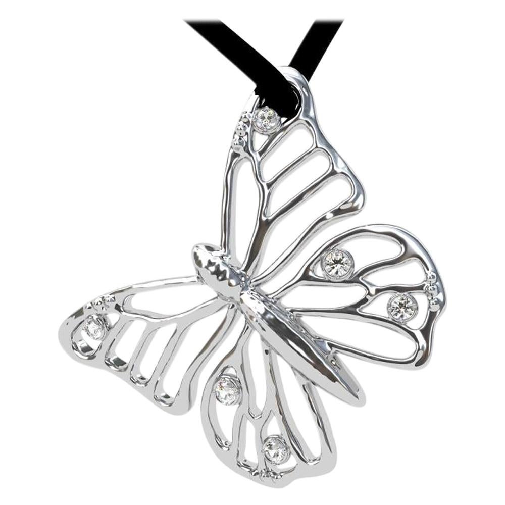 Round Cut 14 Karat White Gold Monarch Butterfly and GIA Diamonds Pendant Necklace For Sale