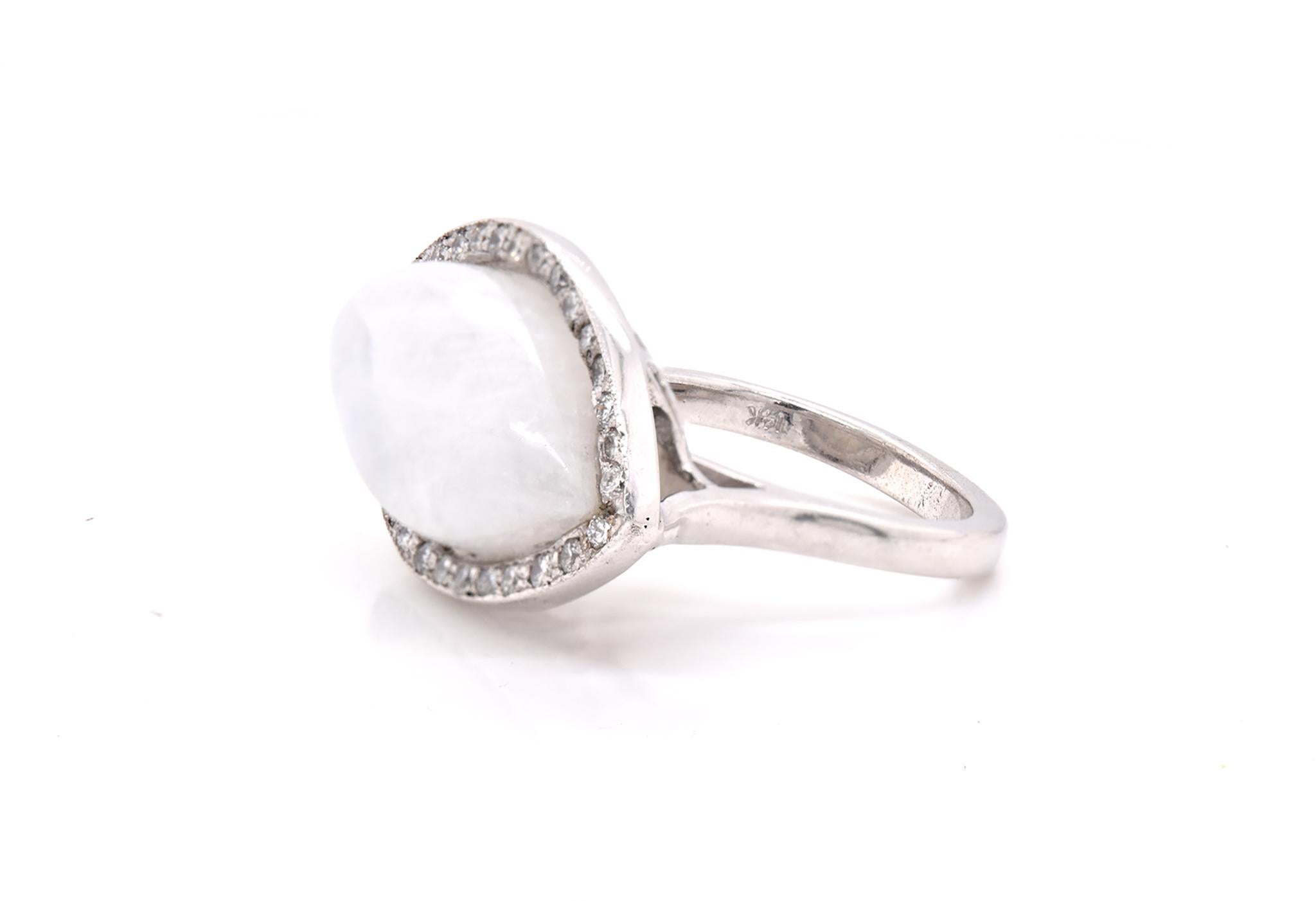 Round Cut 14 Karat White Gold Moonstone and Diamond Ring For Sale