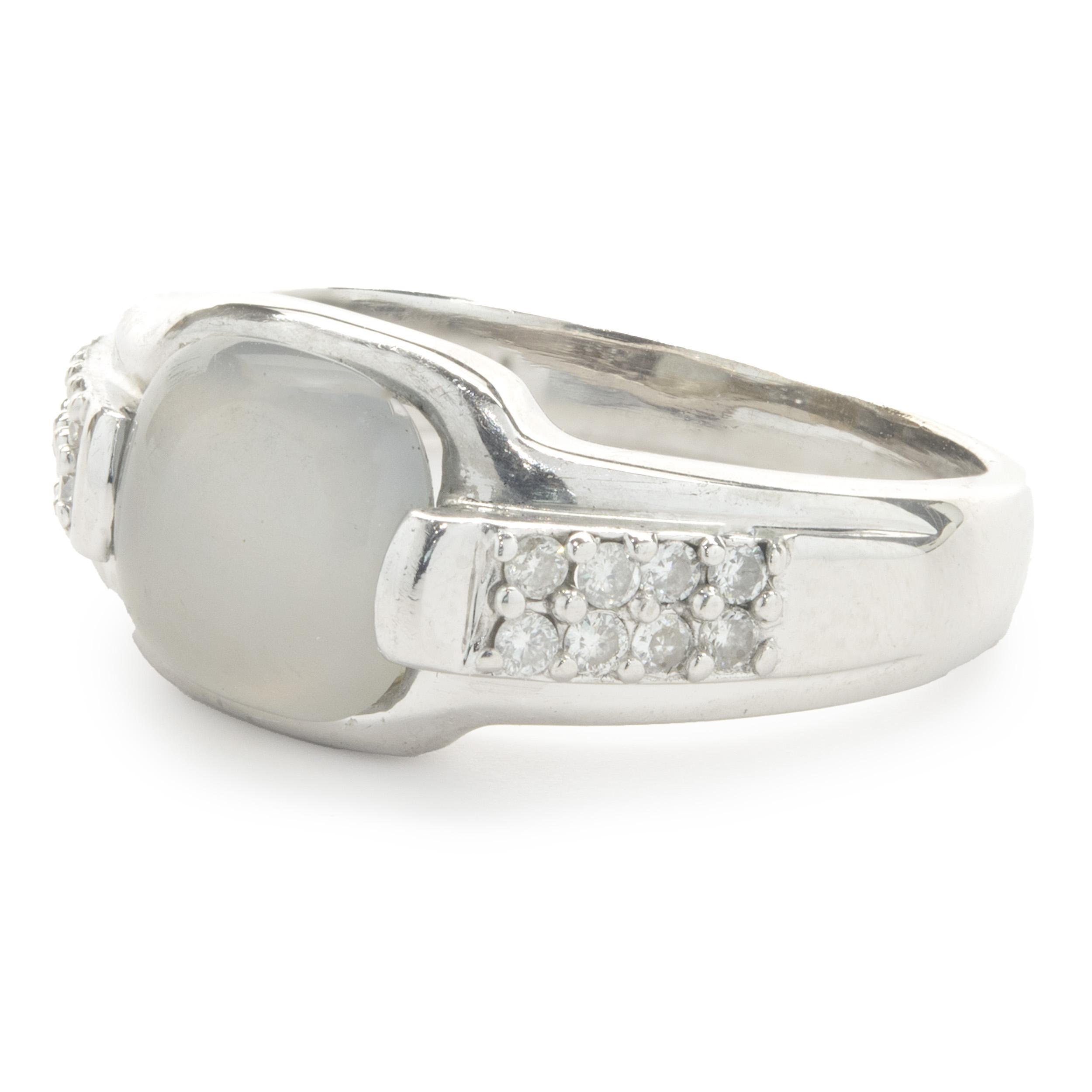 Round Cut 14 Karat White Gold Moonstone and Diamond Ring For Sale