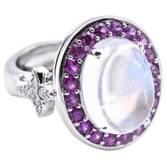 14 Karat White Gold Moonstone, Pink Sapphire, and Diamond Ring