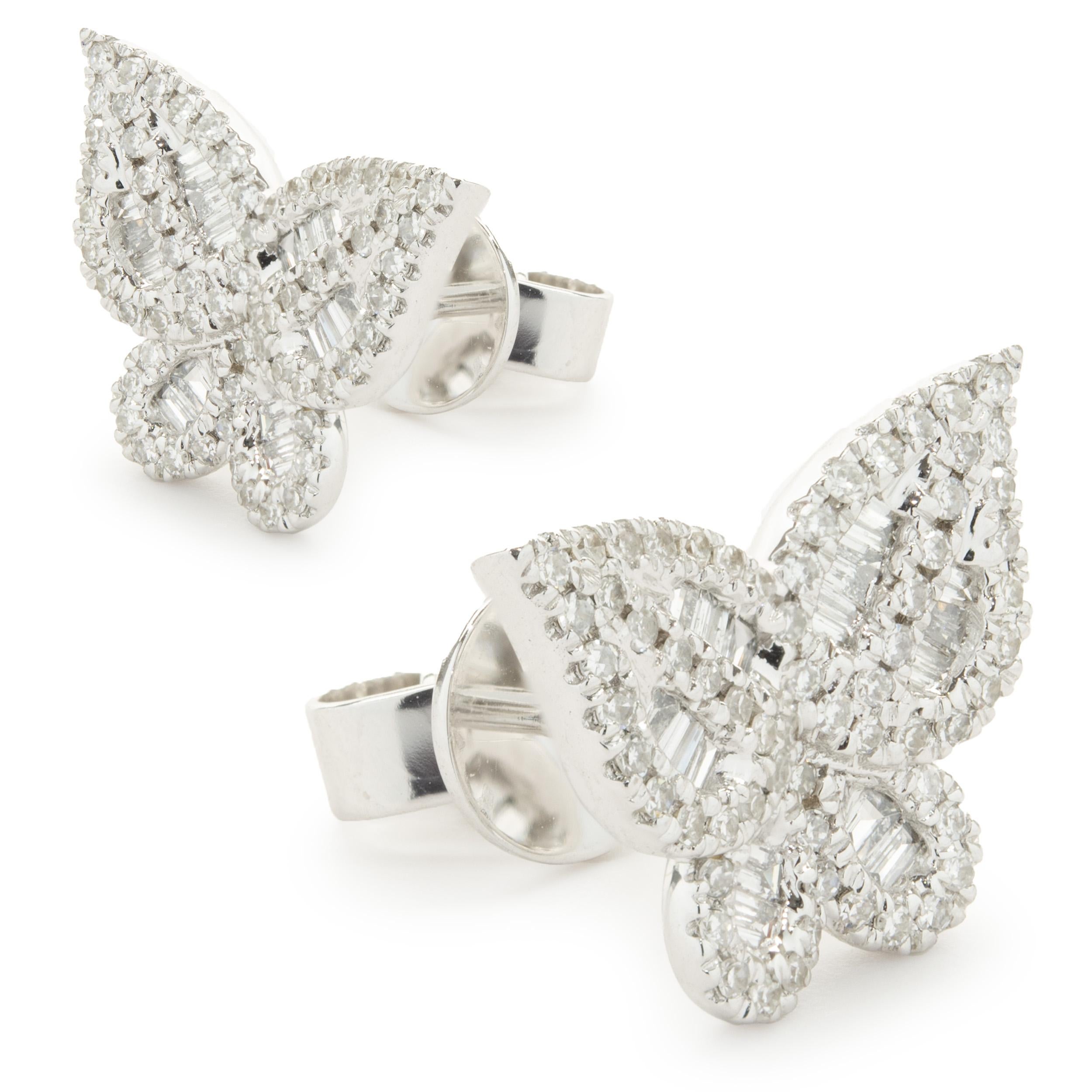 Designer: custom design
Material: 14K white gold
Diamonds: 158 round and baguette cut = 0.47cttw
Color: G
Clarity: SI1
Dimensions: earrings measure 10 x 12.5mm
Weight: 3.00 grams