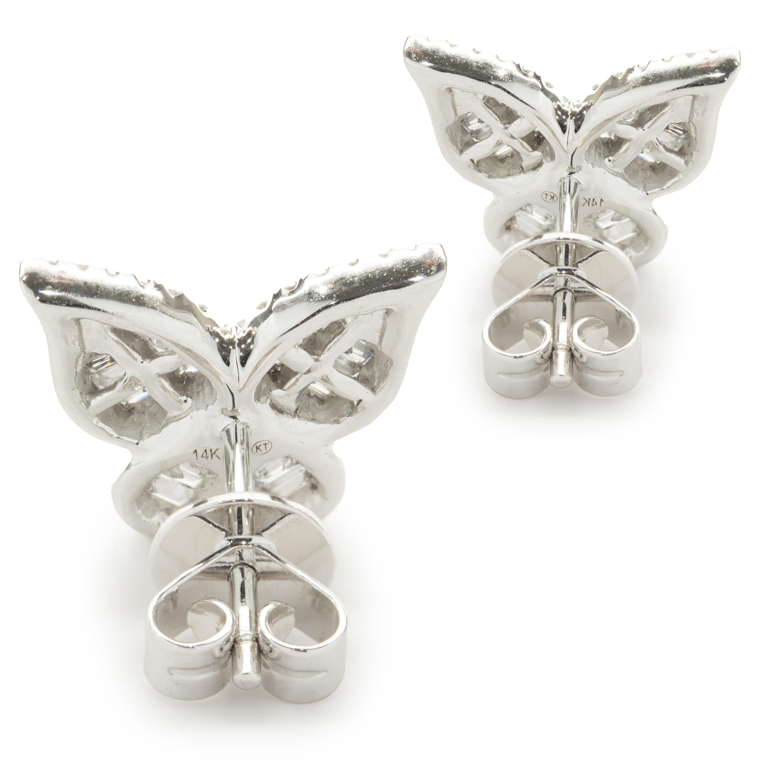 Round Cut 14 Karat White Gold Mosaic Set Diamond Butterfly Stud Earrings For Sale