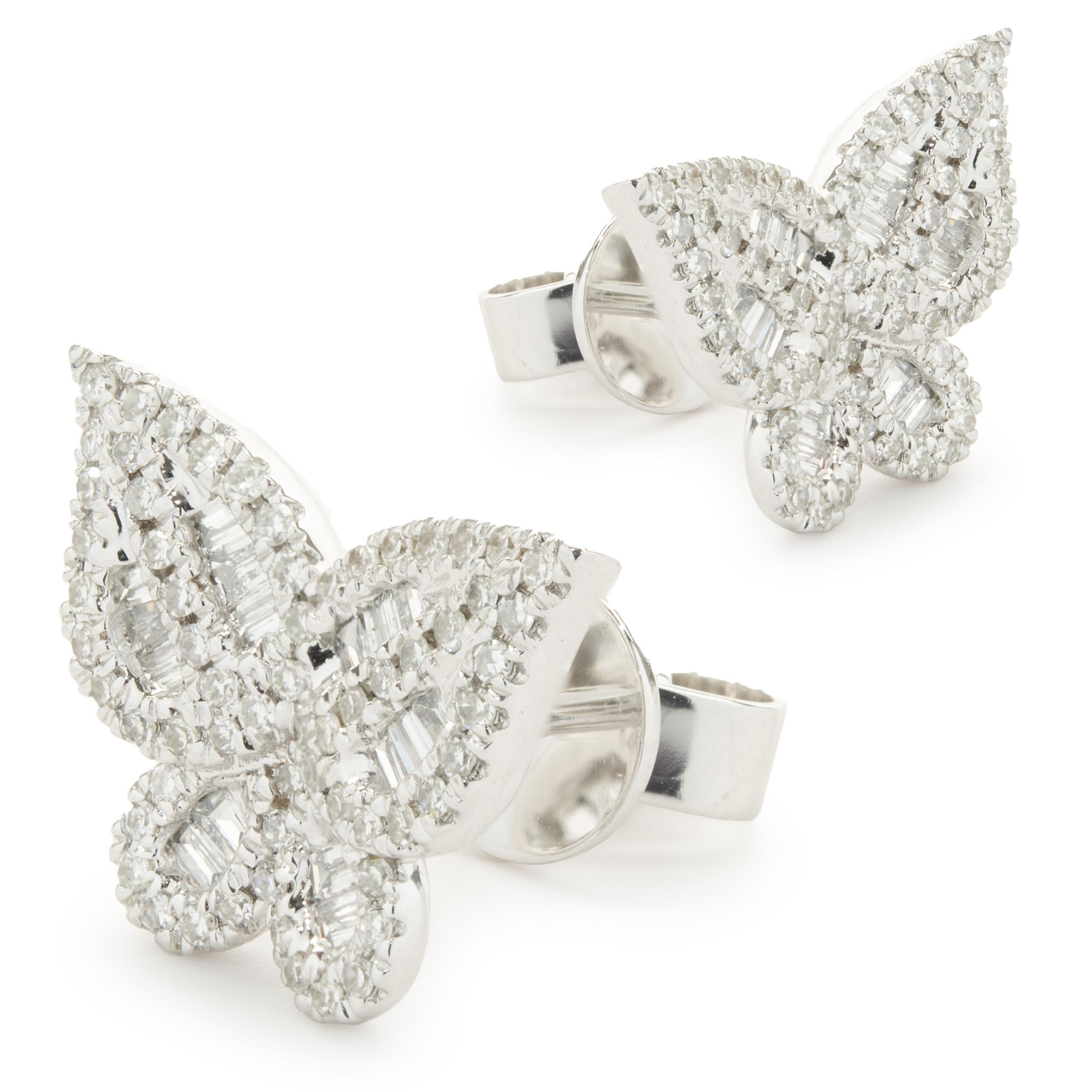 14 Karat White Gold Mosaic Set Diamond Butterfly Stud Earrings In Excellent Condition In Scottsdale, AZ