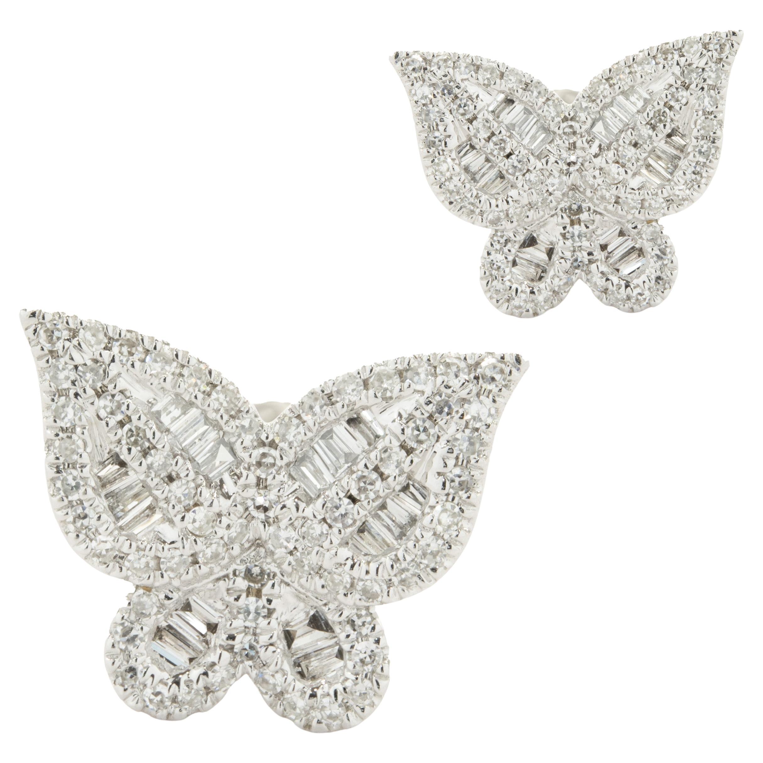 14 Karat White Gold Mosaic Set Diamond Butterfly Stud Earrings For Sale