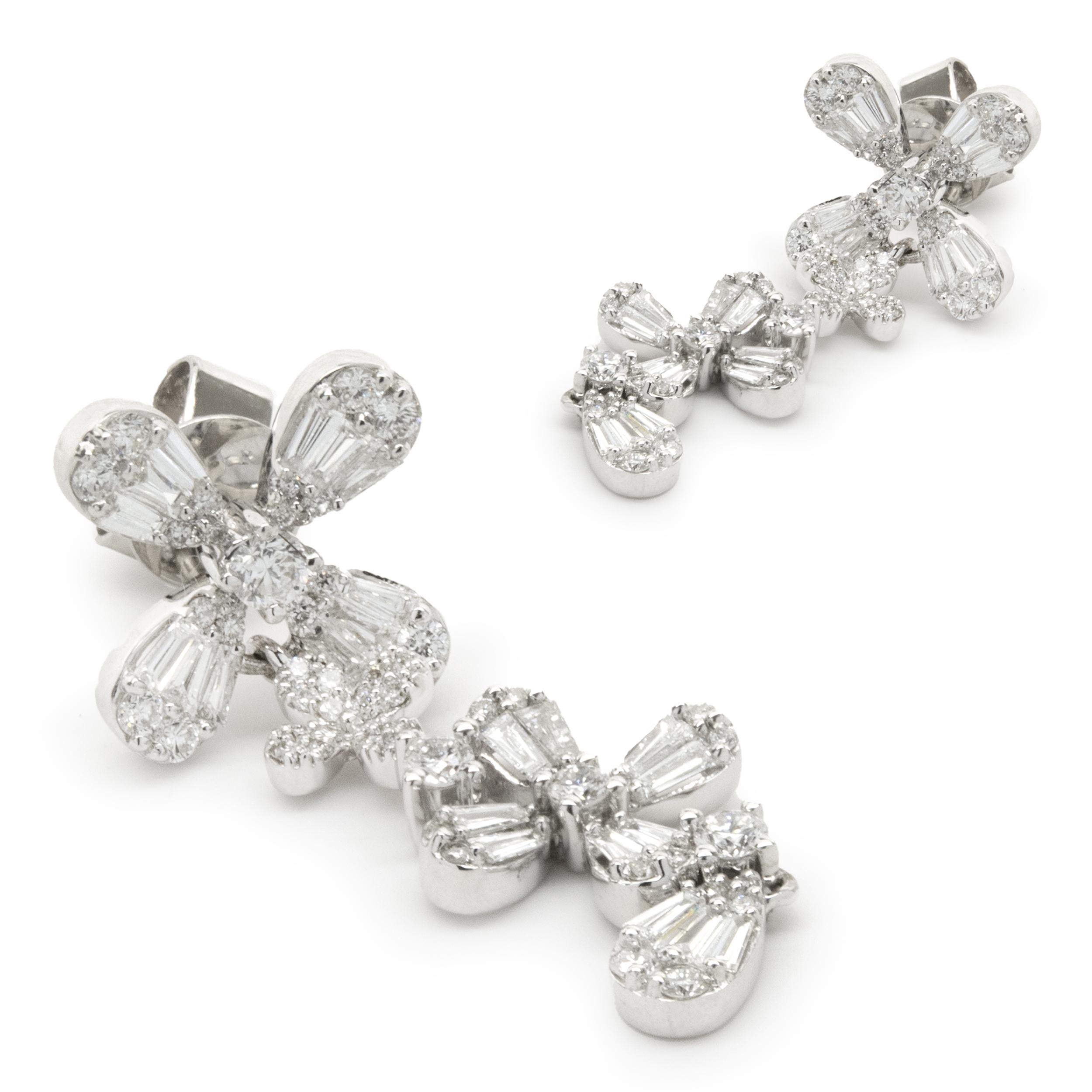 Round Cut 14 Karat White Gold Mosaic Set Diamond Flower Drop Earrings For Sale