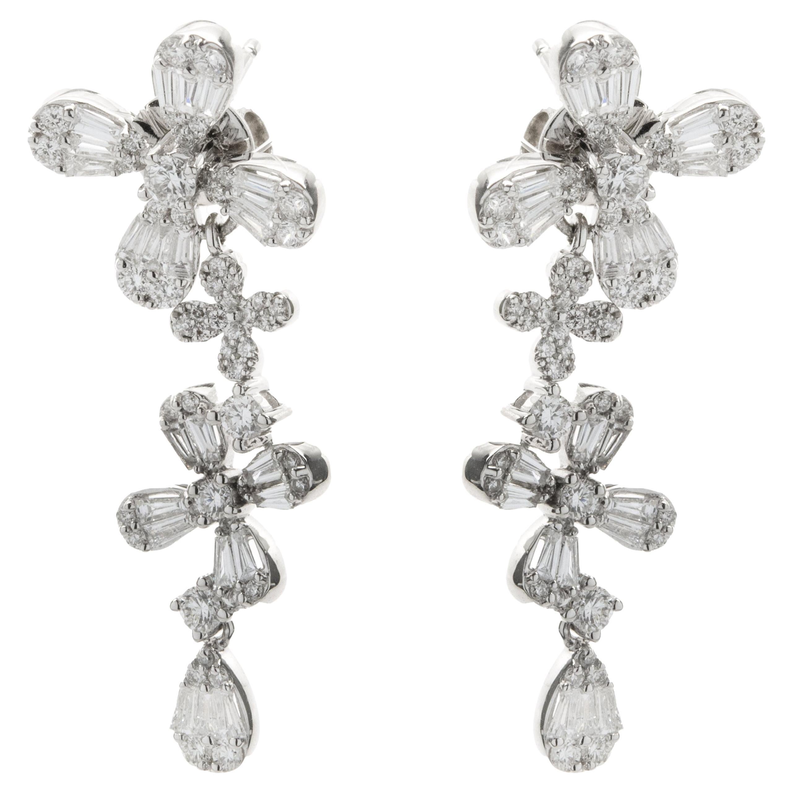 14 Karat White Gold Mosaic Set Diamond Flower Drop Earrings For Sale