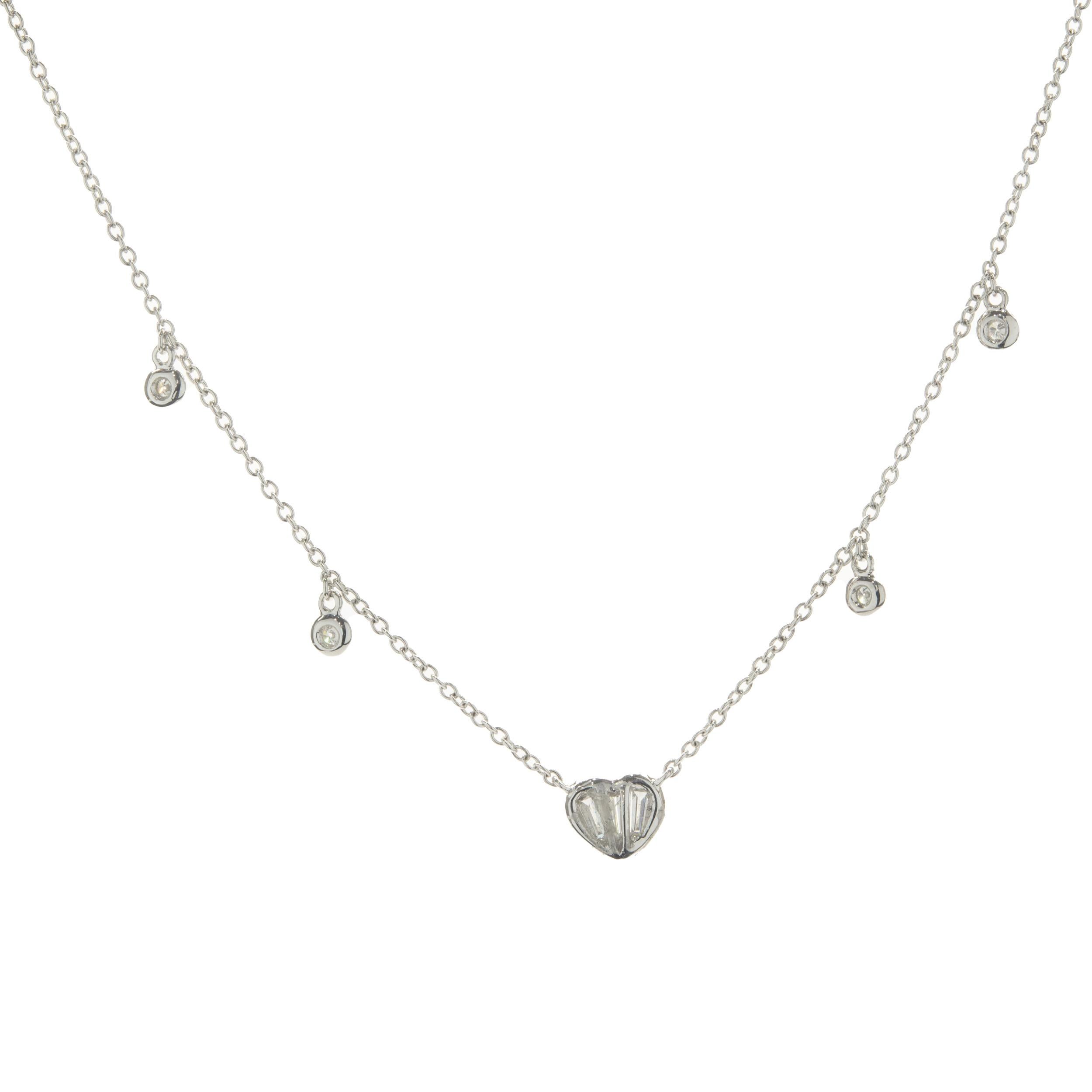 Designer: custom design
Material: 14K white gold
Diamond: round brilliant & baguette cut = 0.19cttw
Color: G 
Clarity: SI1
Dimensions: necklace measures 18-inches in length 
Weight: 2.30 grams
