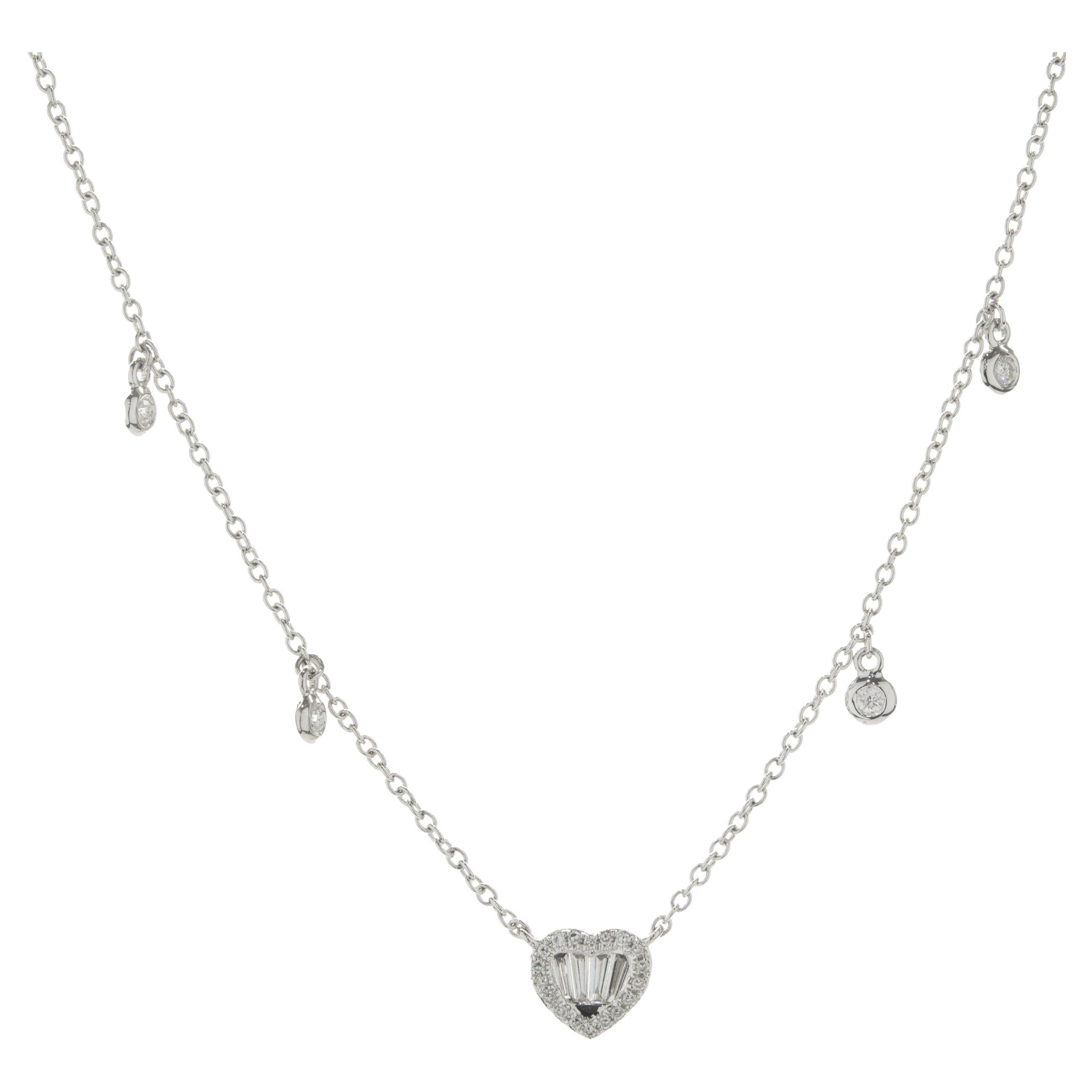 14 Karat White Gold Mosaic Set Diamond Heart Necklace with Stations
