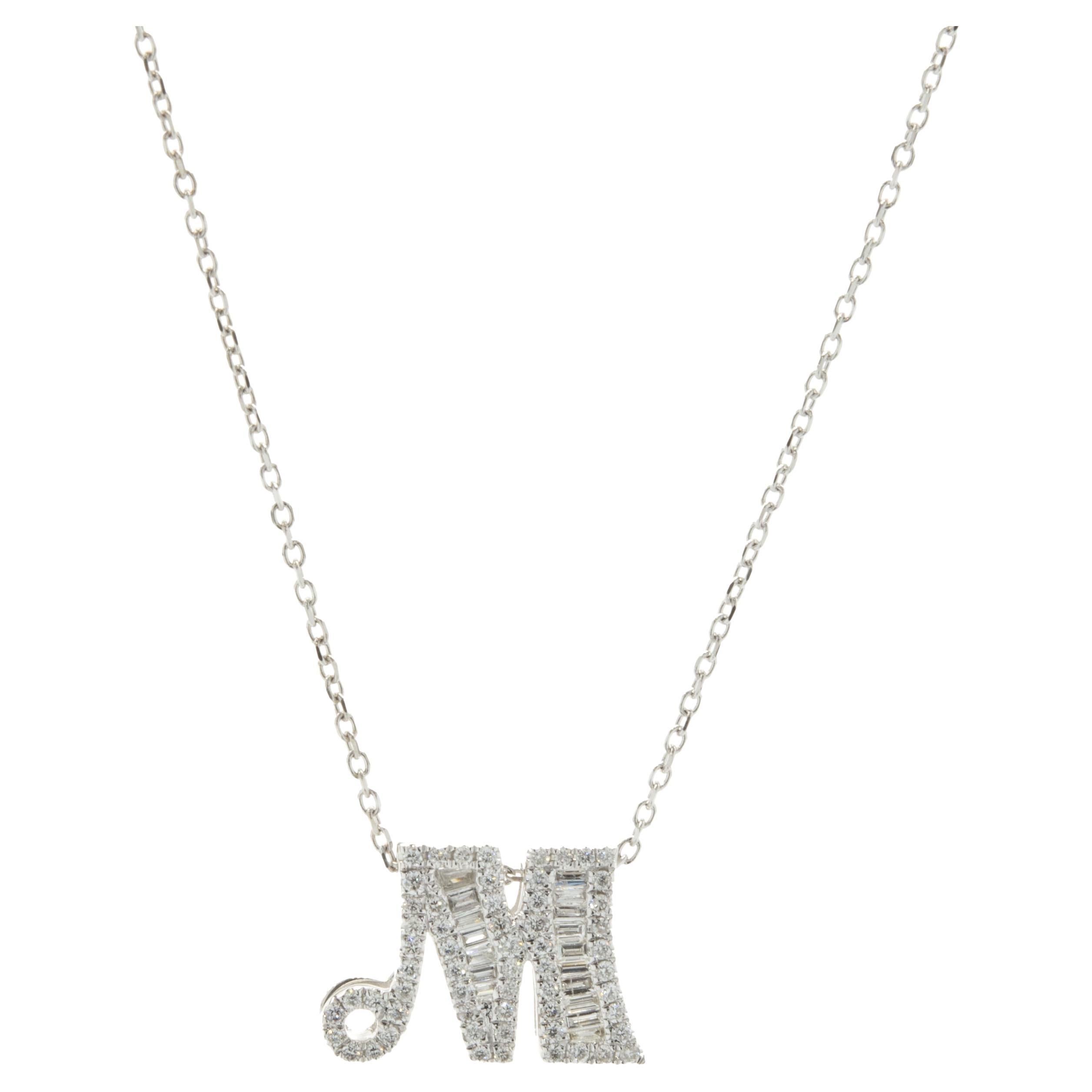 14 Karat White Gold Mosaic Set Diamond M Necklace