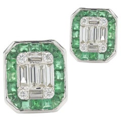 14 Karat White Gold Mosaic Set Diamond Stud Earrings with Emerald Halo