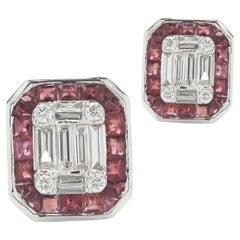 14 Karat White Gold Mosaic Set Diamond Stud Earrings with Ruby Halo