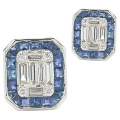 14 Karat White Gold Mosaic Set Diamond Stud Earrings with Sapphire Halo