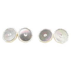 Vintage 14 Karat White Gold Mother of Pearl and Diamond Cufflinks